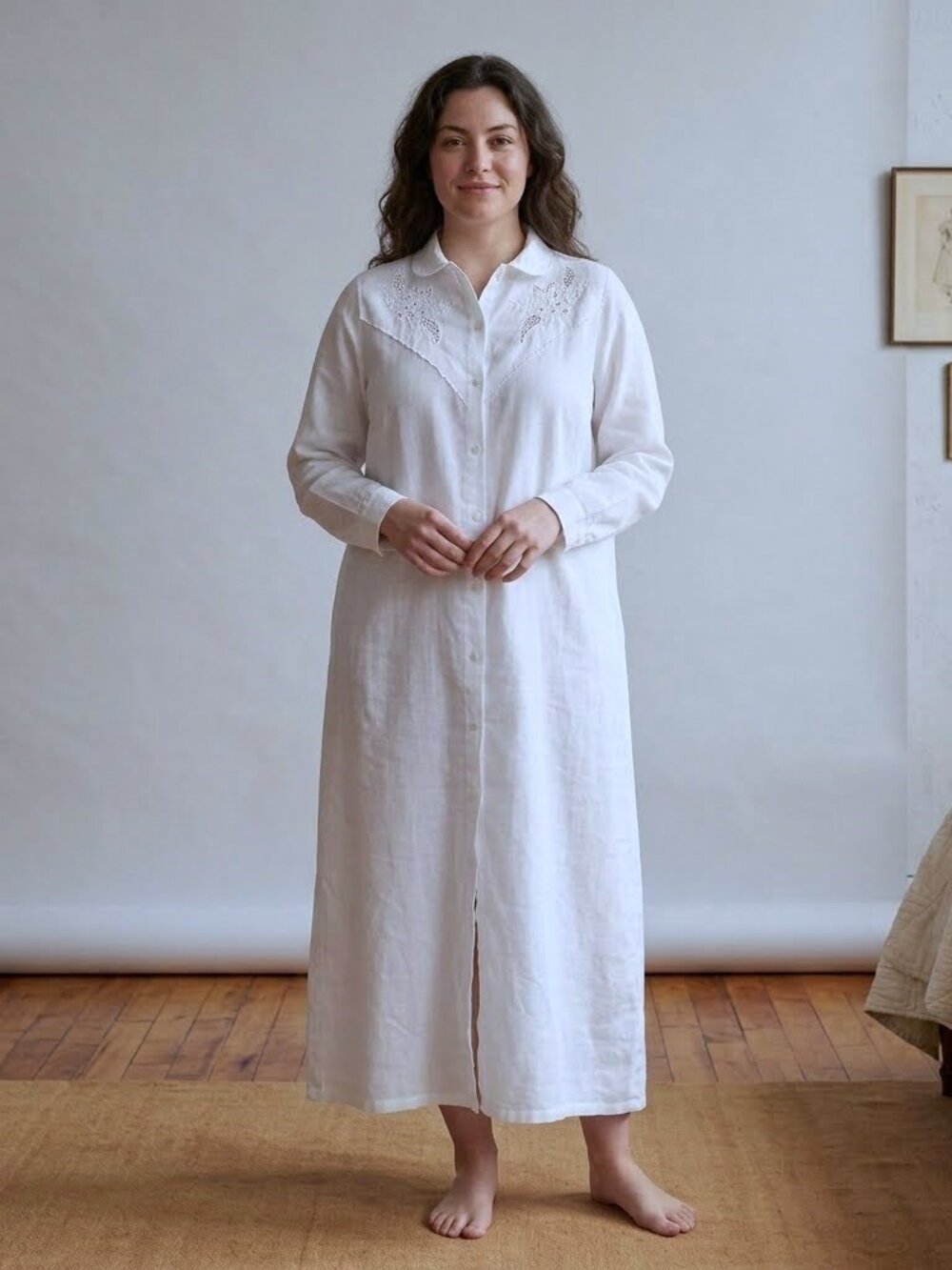 Vintage Sz 44 (L) Italian White Linen Maxi Nightgown (One Patch) Openwork